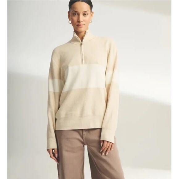 NAADAM Sweaters - Naadam Café Cotton Cashmere Striped Quarter Zip Sweater Beige White Women’s L